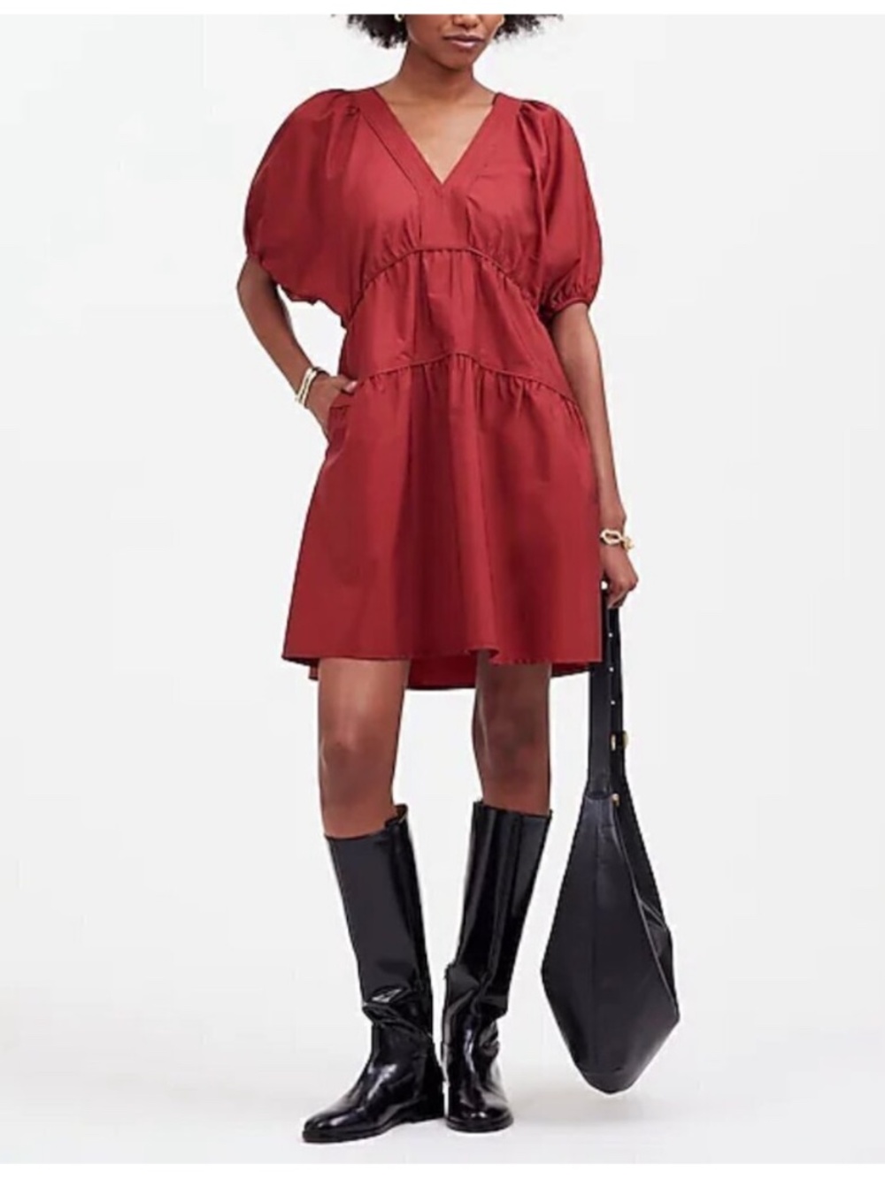Madewell Elora Mni Dress Arvind Poplin Midweight Puff Sleeve Claret Red Medium